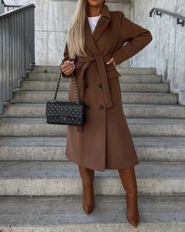 Long double breasted belted coat women detail
