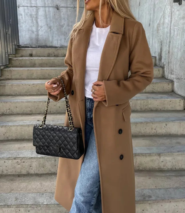 Long double breasted belted coat women detail