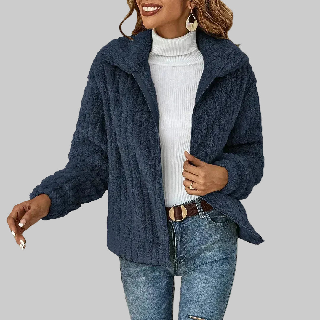 Soft Teddy Fleece Jacket with Zip Front and Collar