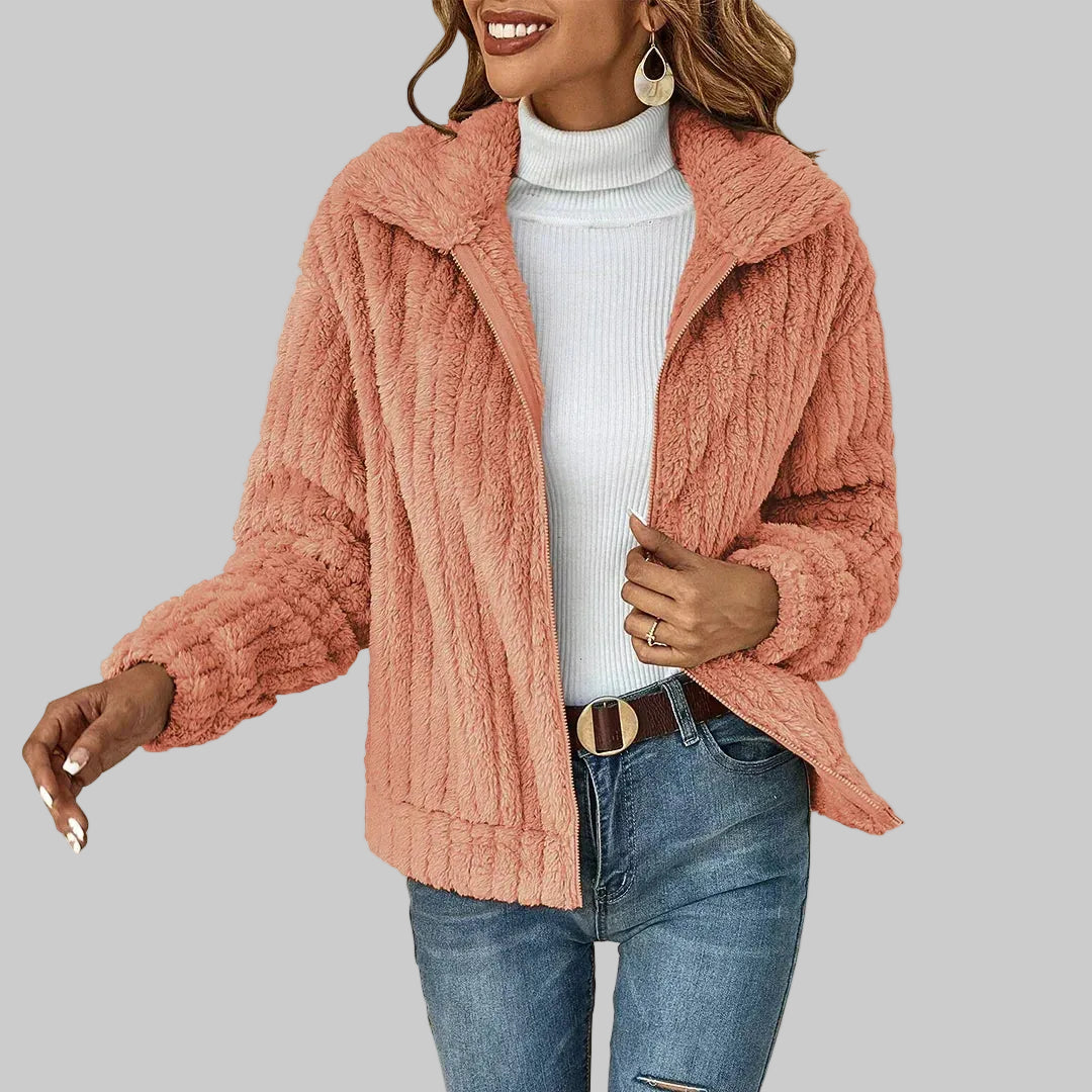 Soft Teddy Fleece Jacket with Zip Front and Collar