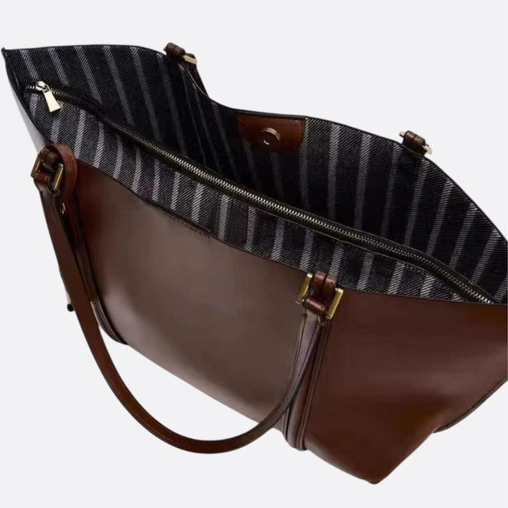 Structured Leather Tote Bag with Side Zip Pockets