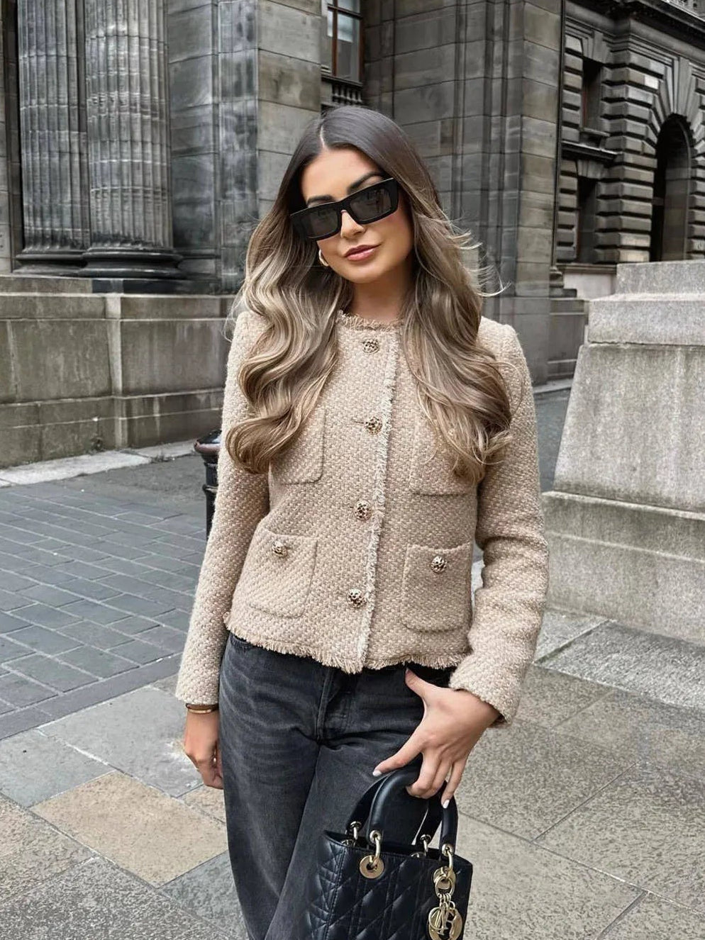 Tweed Jacket with Gold Buttons and Frayed Edge Detail