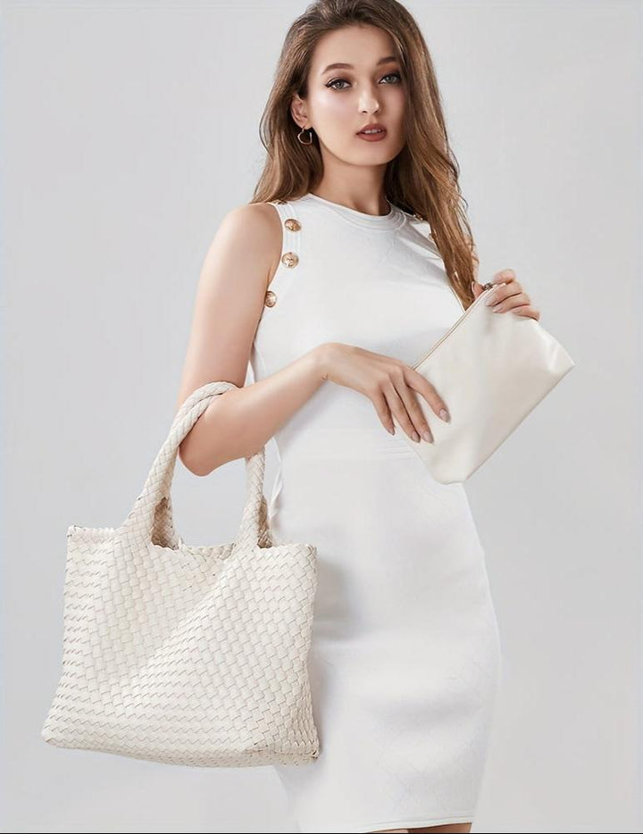 Woven Leather Tote Bag in Chunky Basket Weave