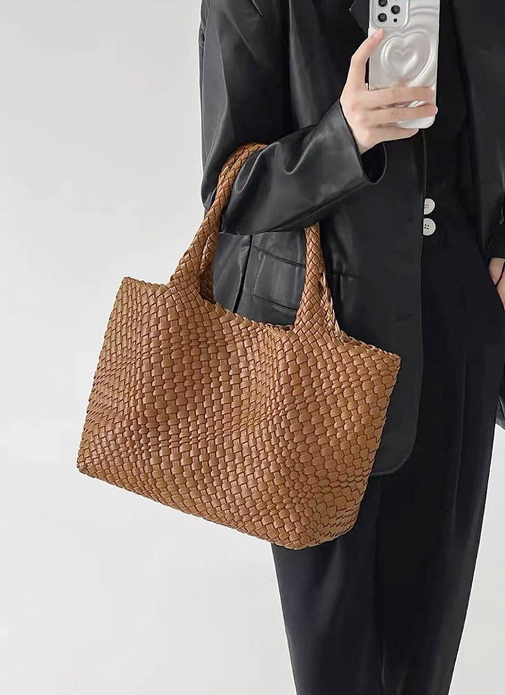 Woven Leather Tote Bag in Chunky Basket Weave