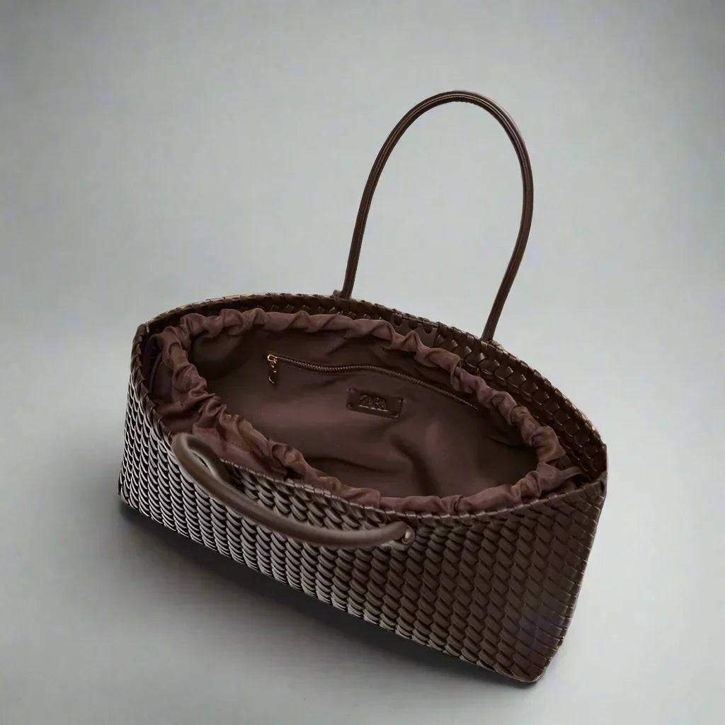 Woven Leather Tote Shoulder Bag with Double Handles