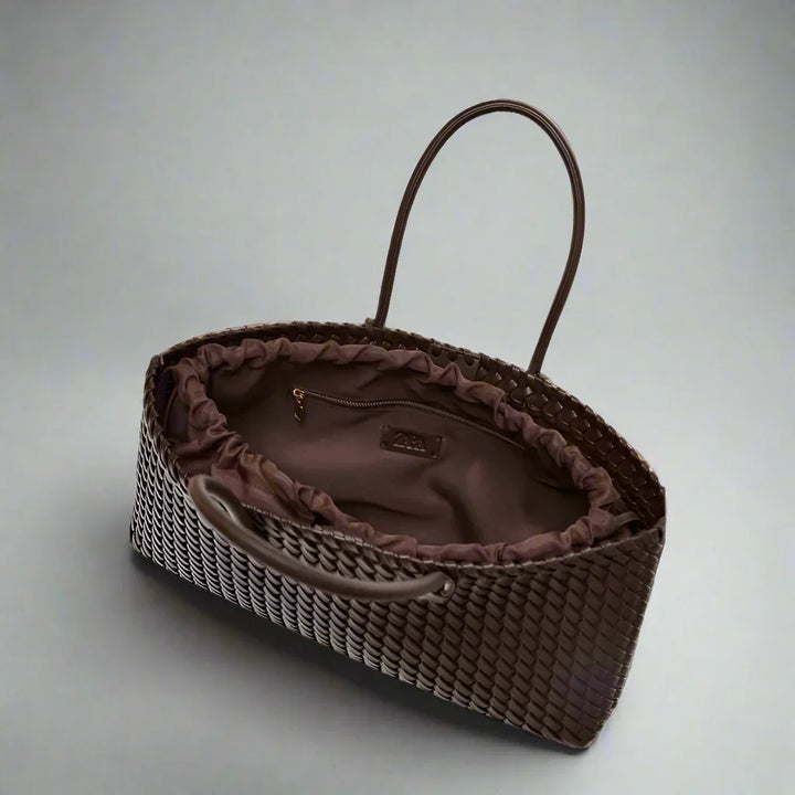 Woven Leather Tote Shoulder Bag with Double Handles