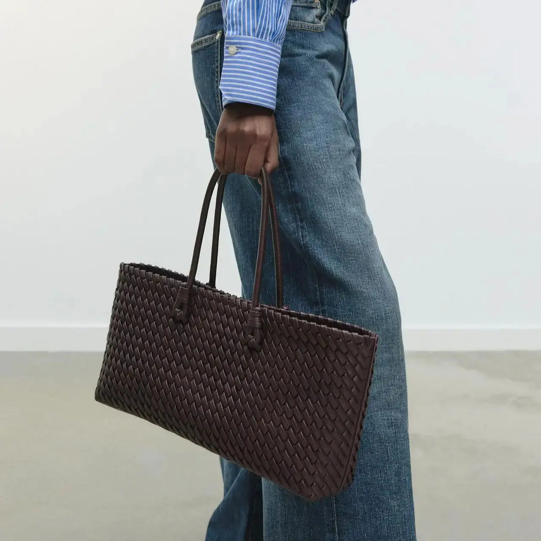Woven Leather Tote Shoulder Bag with Double Handles