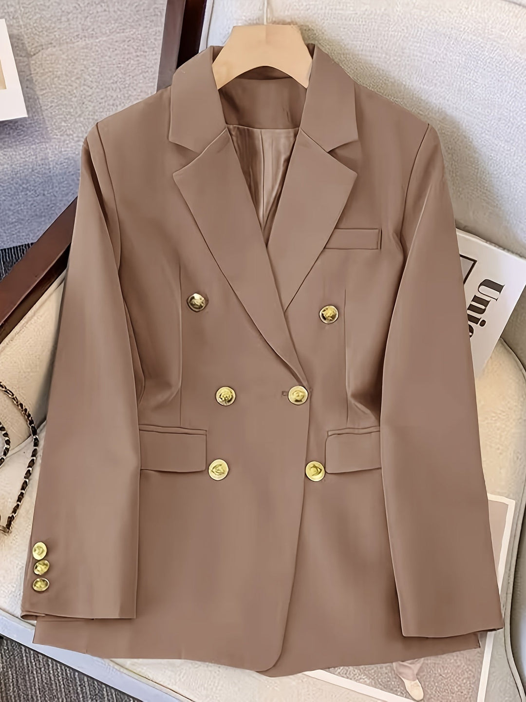 Gold button blazer women detail
