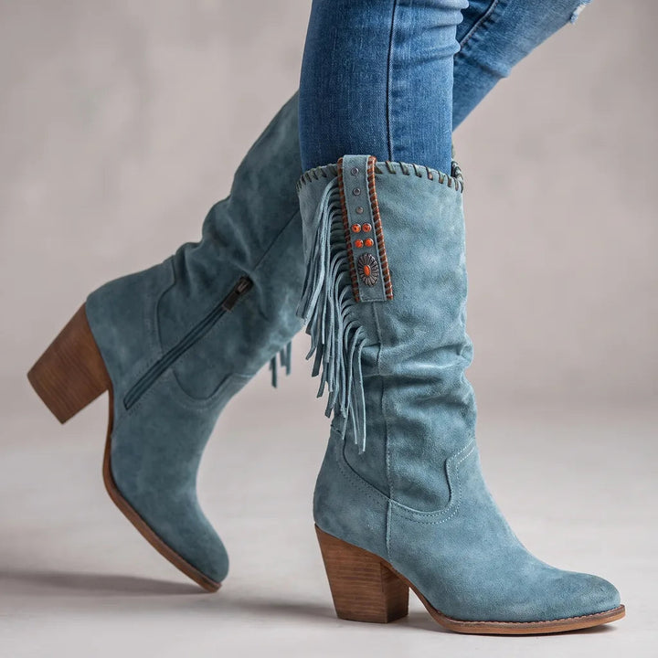 Fringe tall boots women blue