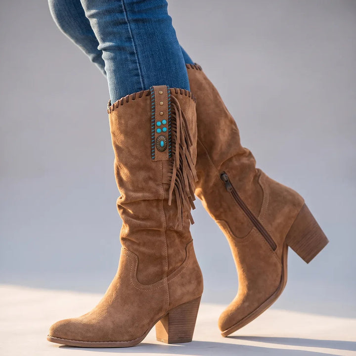Fringe tall boots women brown