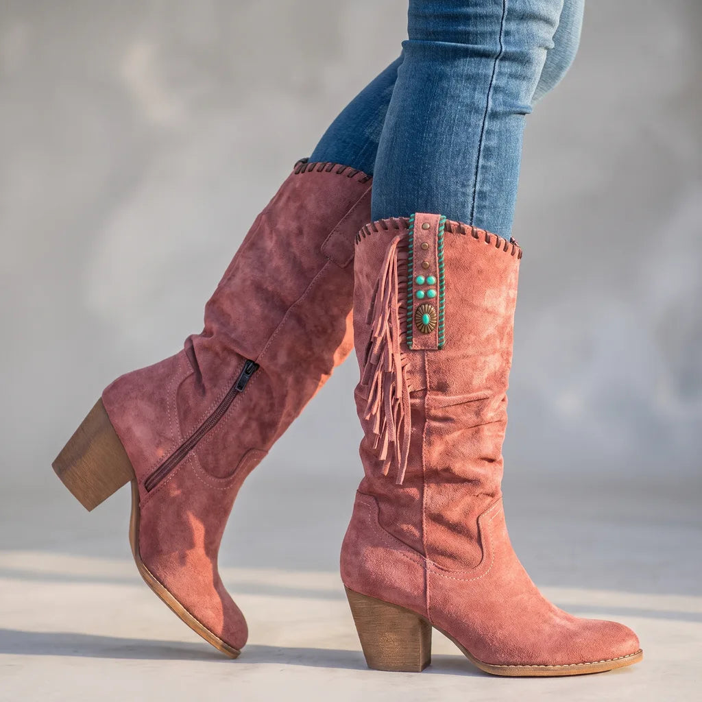Fringe tall boots women red