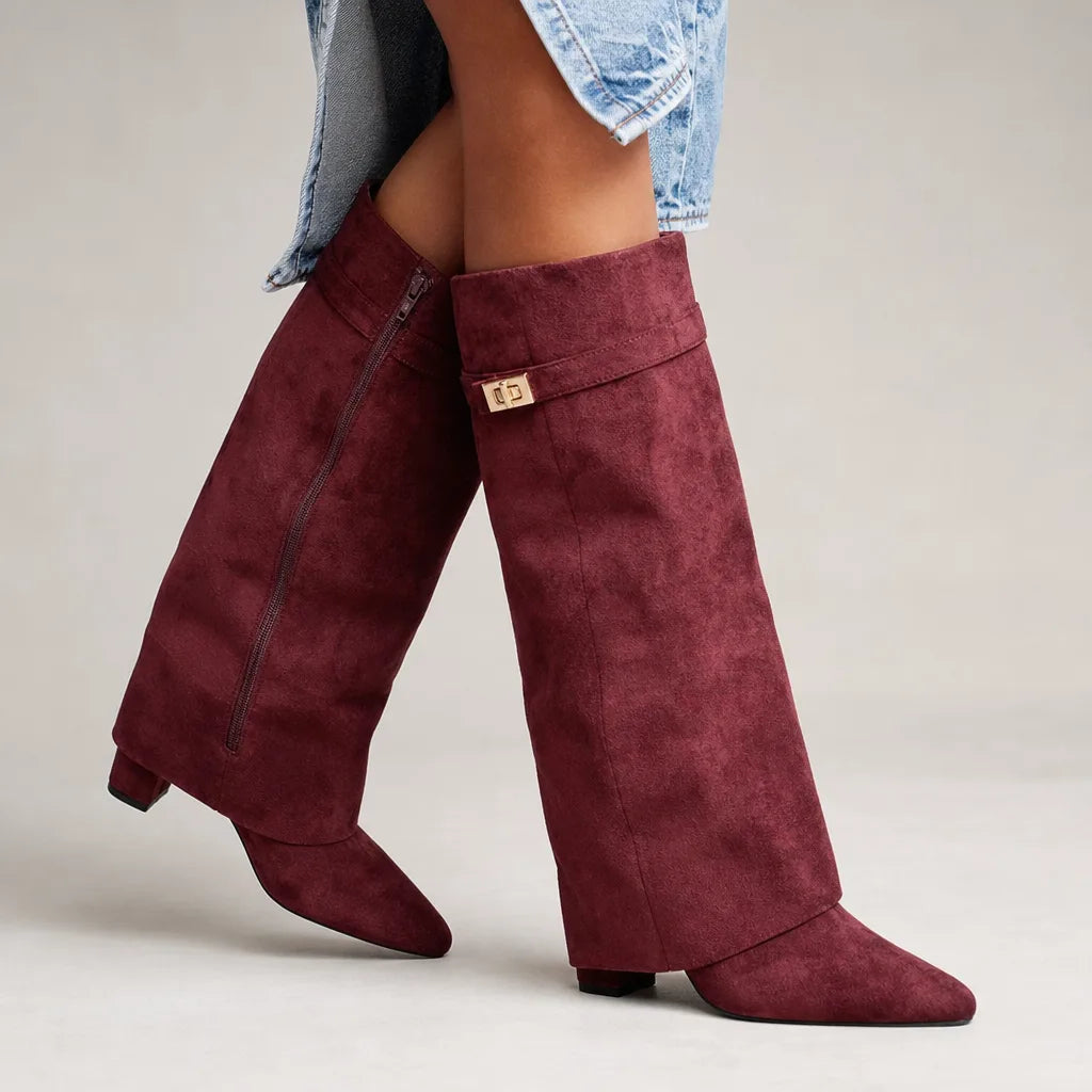Knee high wedge boots women red
