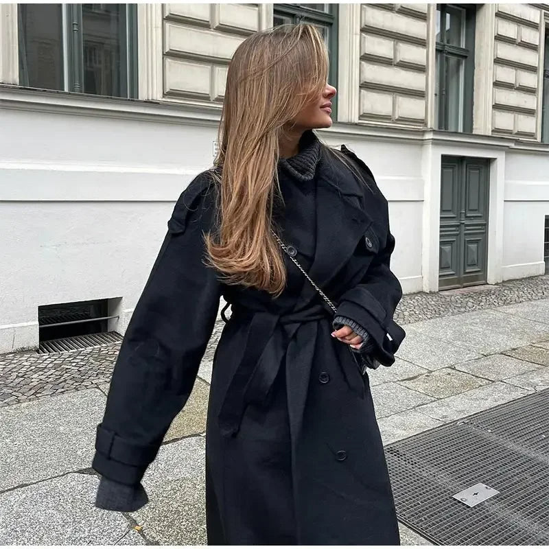 Long wool blend coat women detail