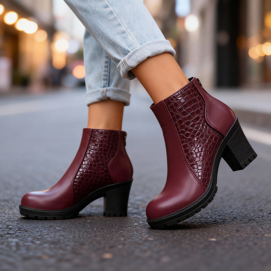 Croc embossed ankle boots women burgundy