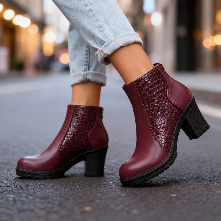 Croc embossed ankle boots women burgundy