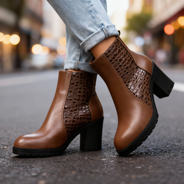 Croc embossed ankle boots women brown