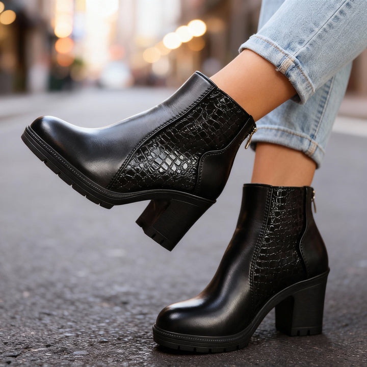Croc embossed ankle boots women black