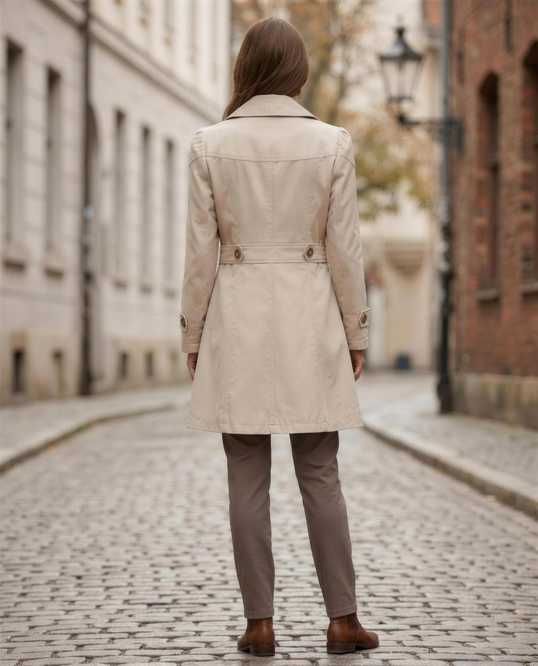 Long vintage style coat women beige back view with belted back