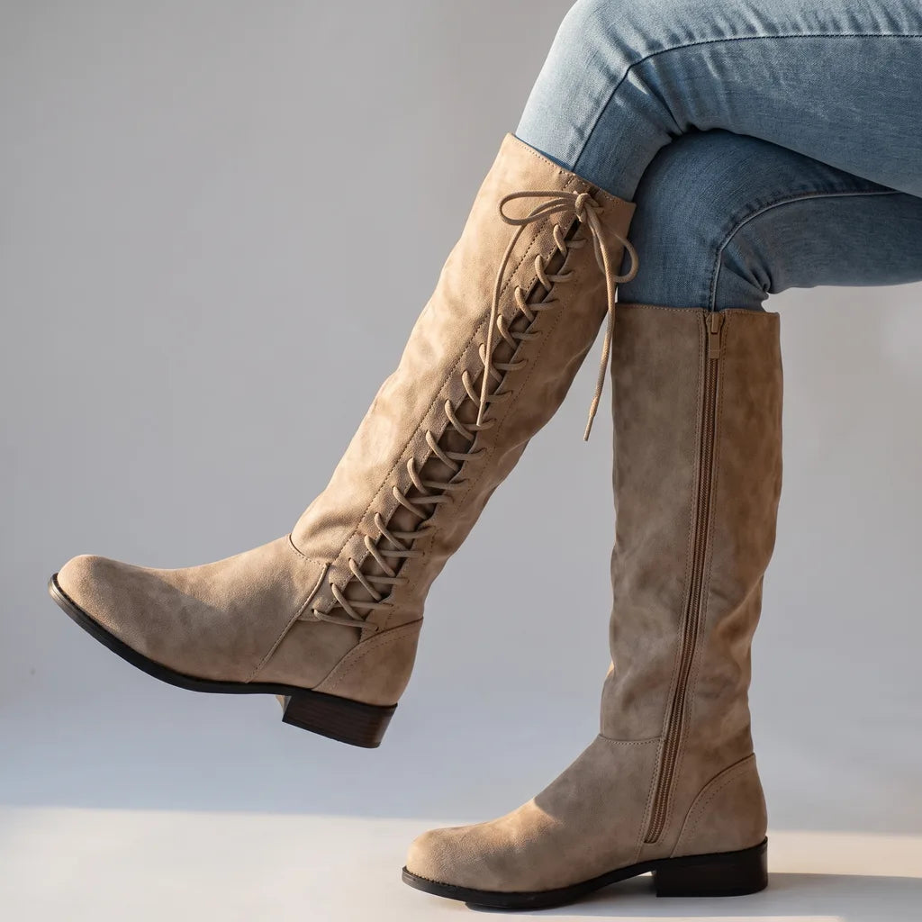 Knee high laced riding boots women beige