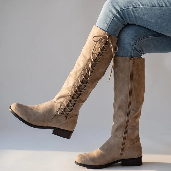 Knee high laced riding boots women beige