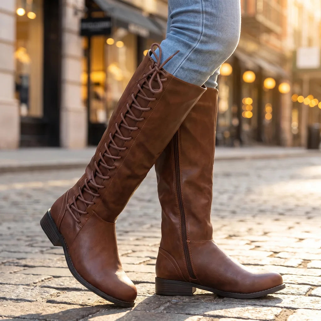 Knee high laced riding boots detail