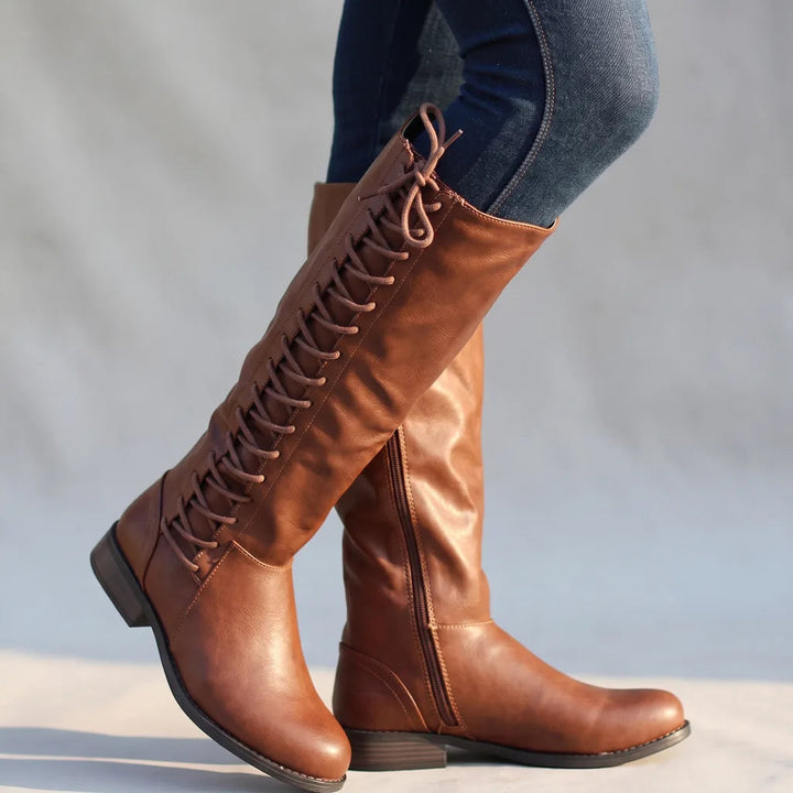 Knee high laced riding boots women brown
