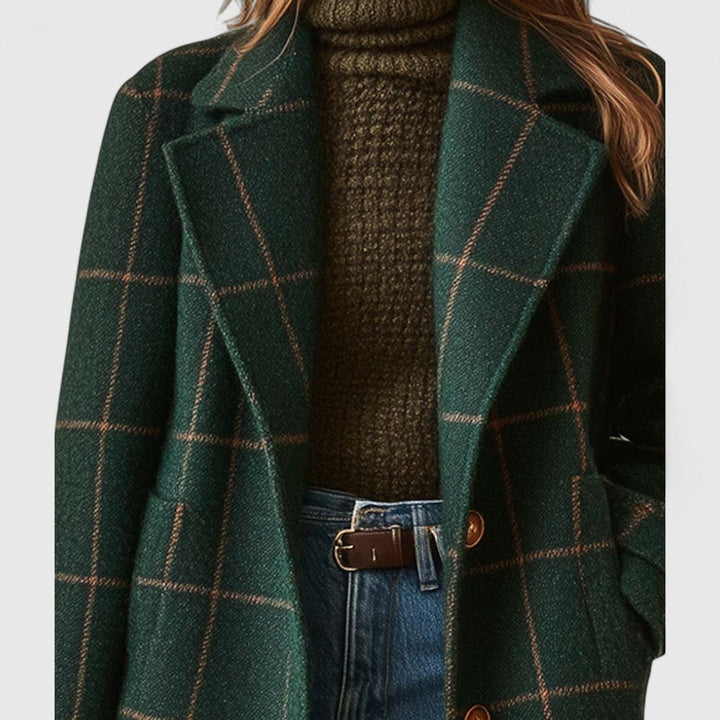 Checked coat women dark green front