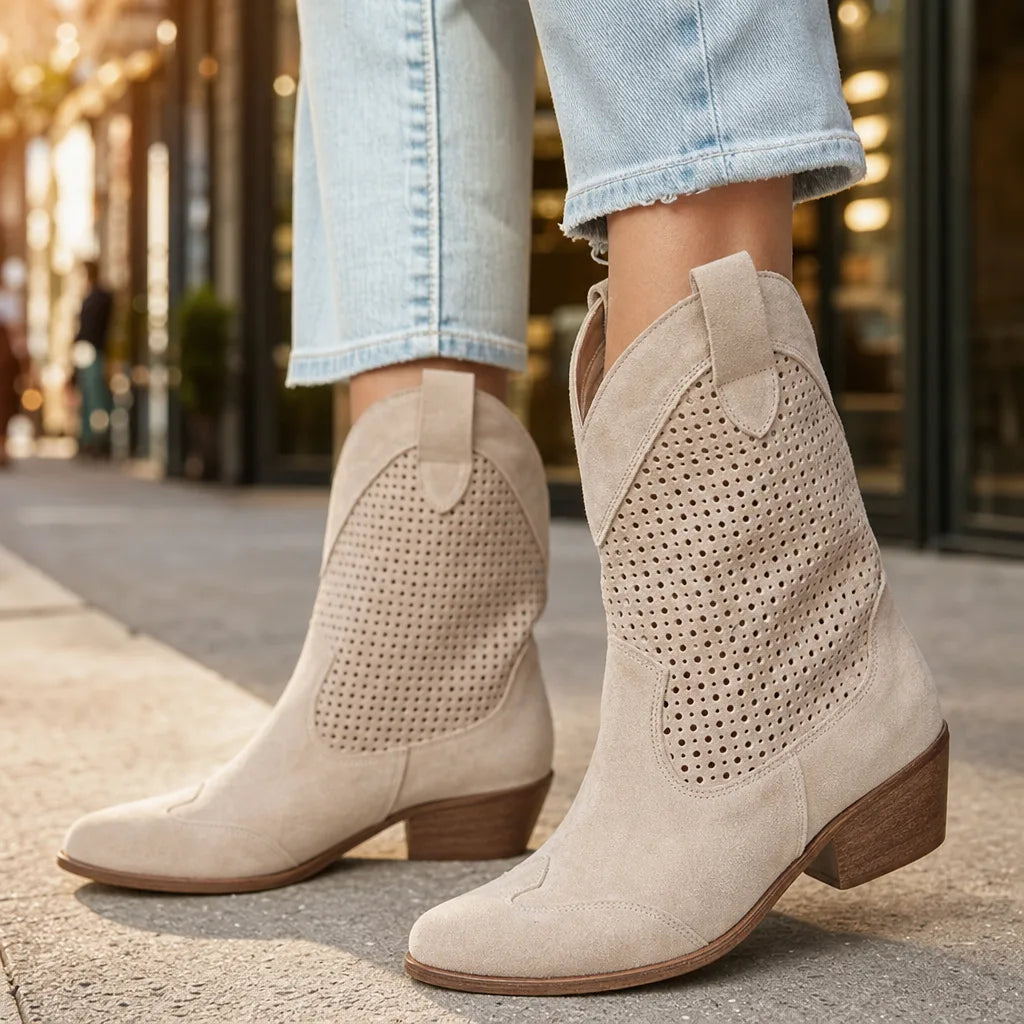 Suede mid heel ankle boots detail
