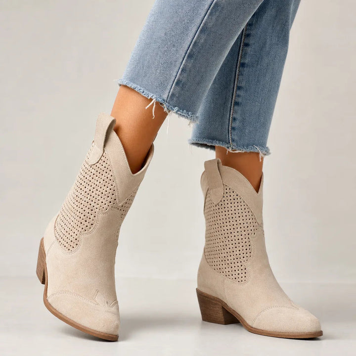 Suede mid heel ankle boots women beige
