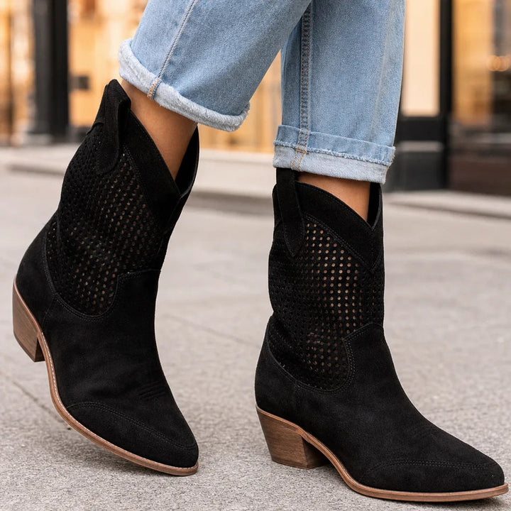 Suede mid heel ankle boots detail