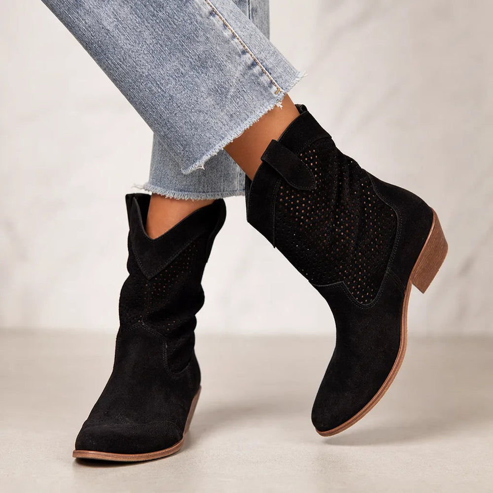 Suede mid heel ankle boots women black