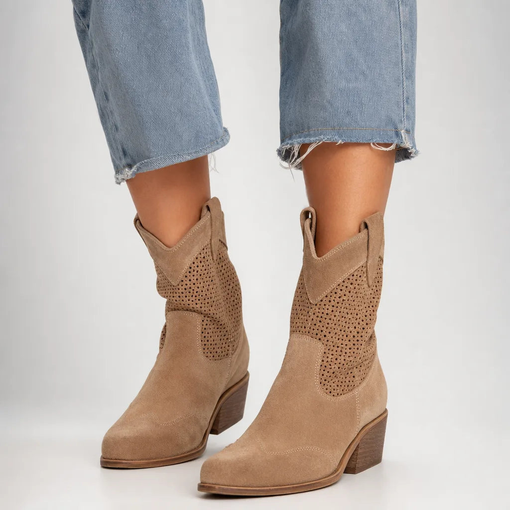 Suede mid heel ankle boots women brown