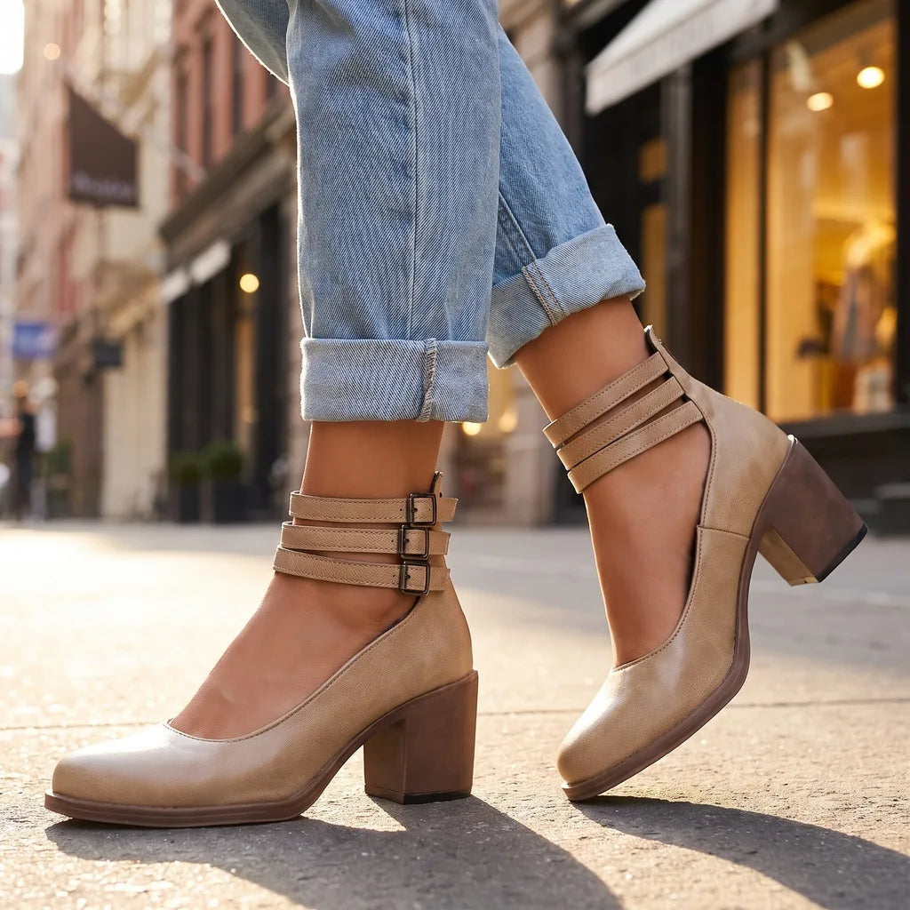 Ankle strap heels women beige