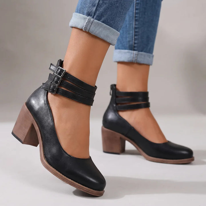 Ankle strap heels women black detail