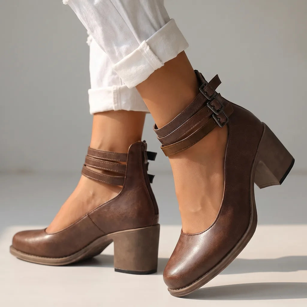 Ankle strap heels women brown detail