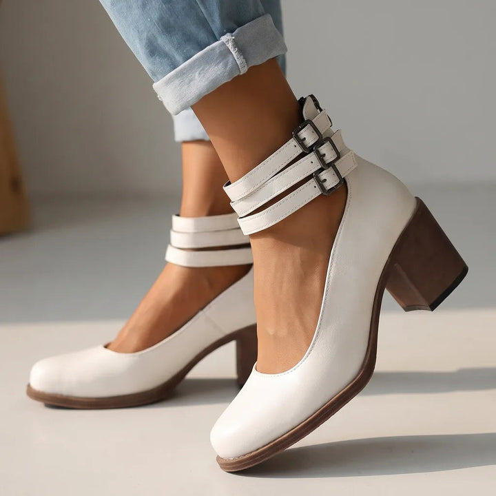Ankle strap heels women white detail
