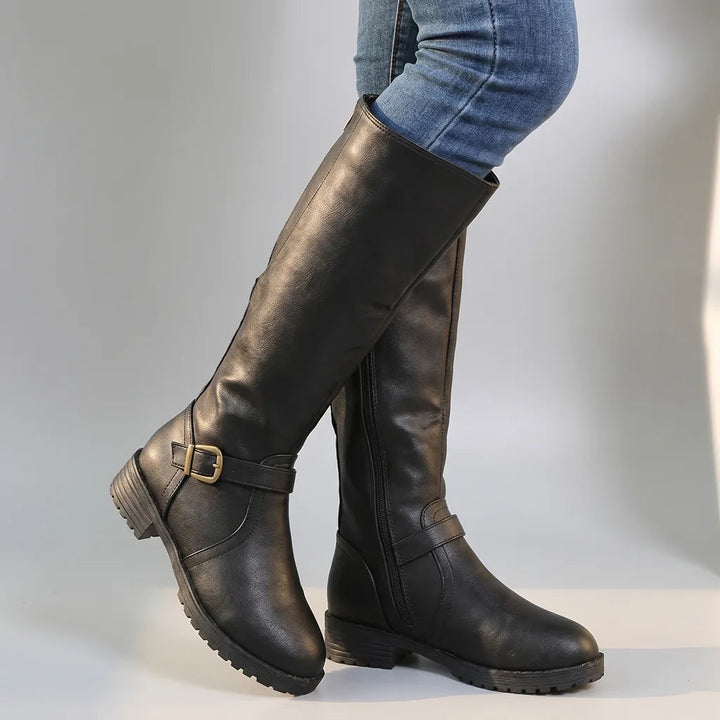 Knee high boots women black buckle strap