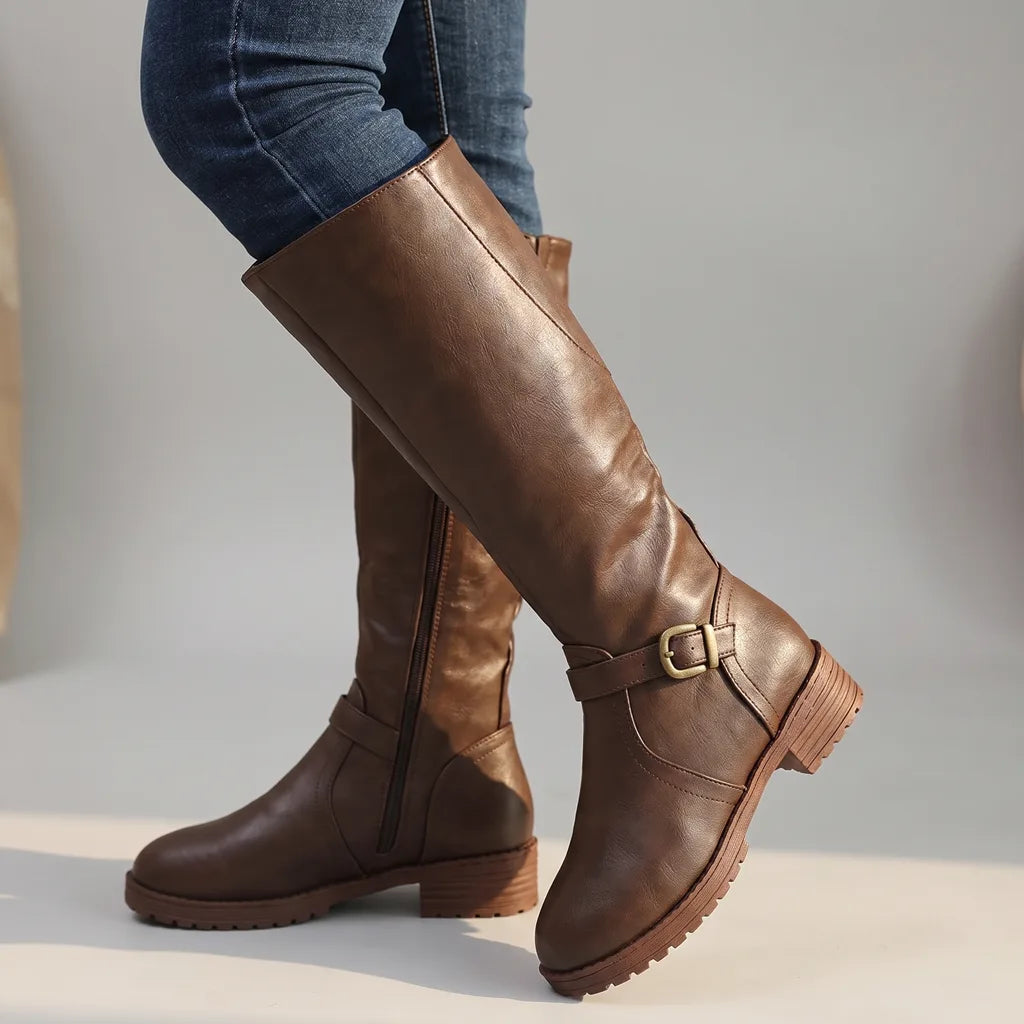 Knee high boots women brown buckle strap