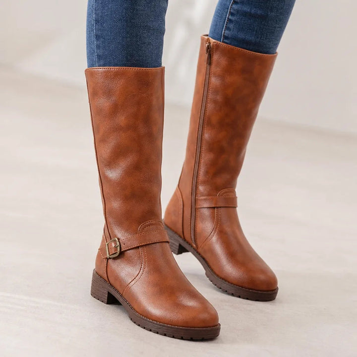 Knee high boots women yellow buckle strap