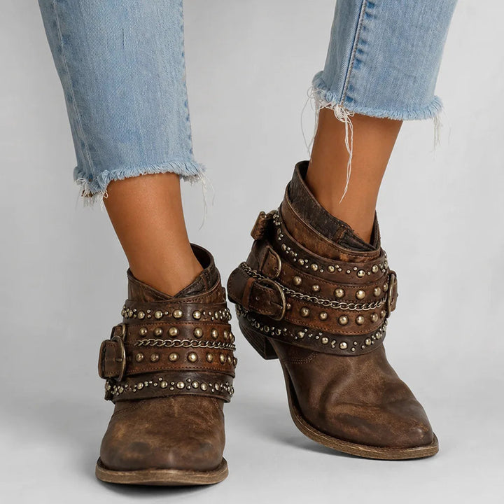 Western ankle boots women brown detail